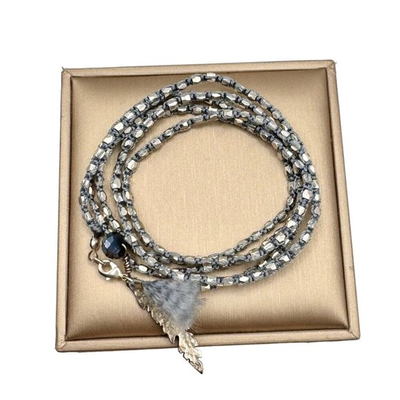 NWT Silver Beaded Braided Multi Wrap Feather Charm Bracelet - Picture 6 of 10